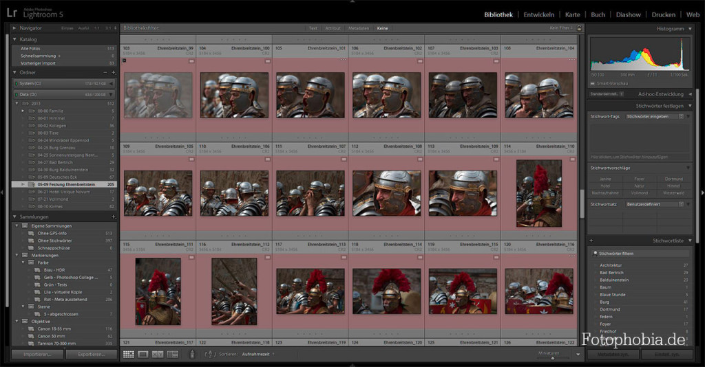 Screenshot der Lightroom 5 Bibliothek mit vielen Bildern von Römern